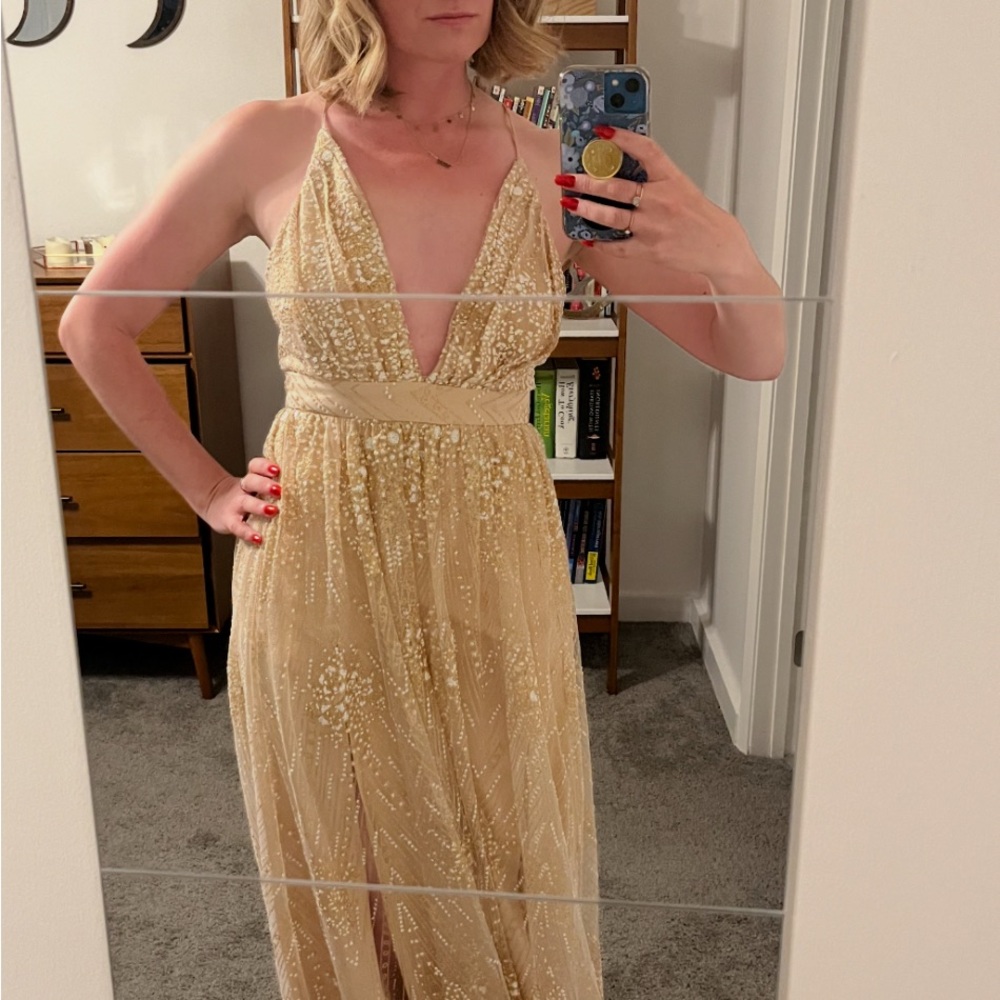Windsor Cream and Gold Embellished Prom Dress